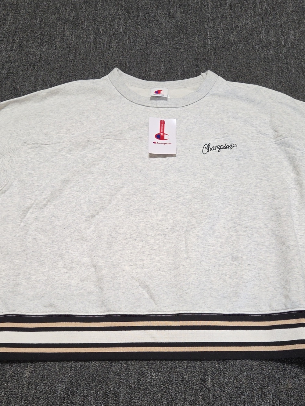 (#2C) Champion Light Gray Crewneck Sweater with Striped Hem Detail